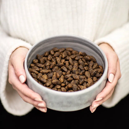 Person holding a bowl of pet food