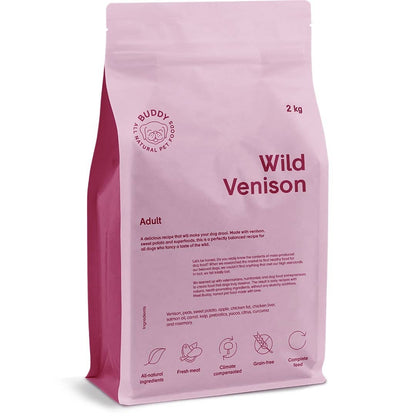 Pink bag of Buddy Foods Wild Venison dog food on a white background