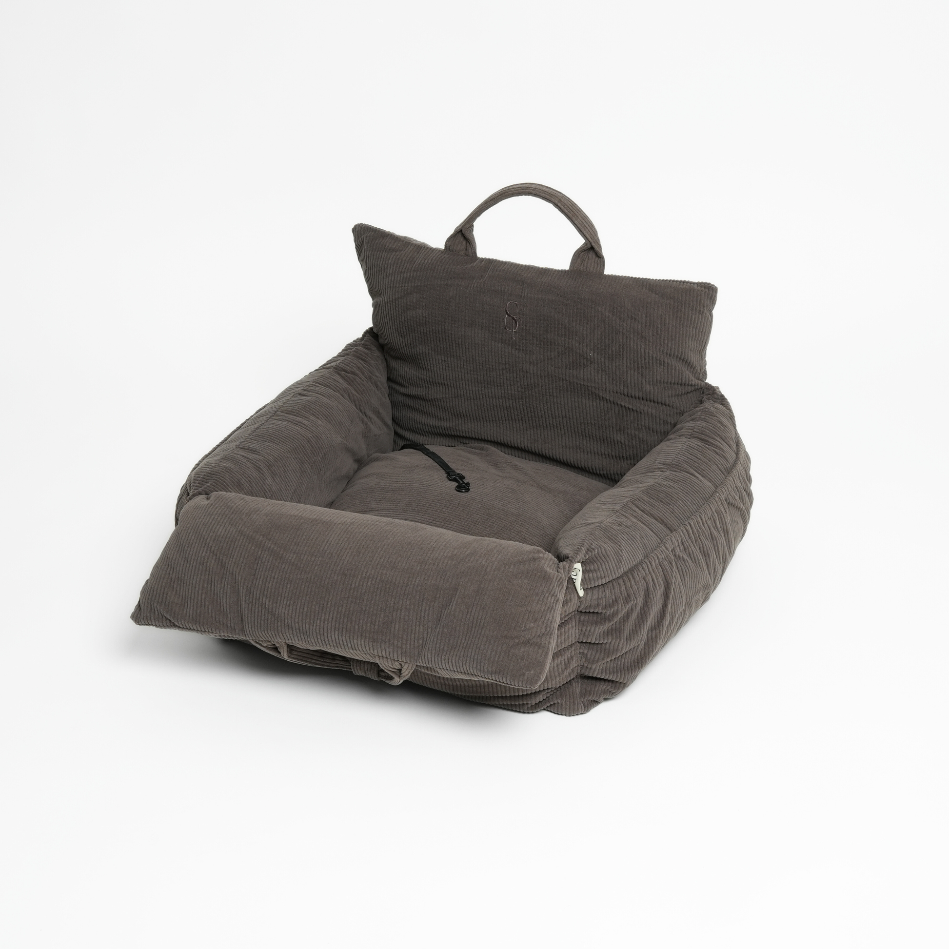 Gray bean bag chair with a pillow on a white background