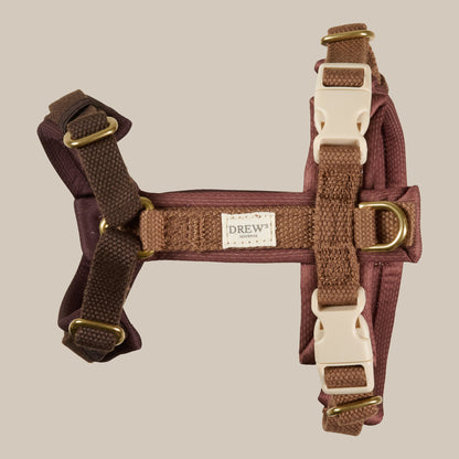Adjustable Padded Dog Harness PRO Chocolate – Dual Clip, Brass Details