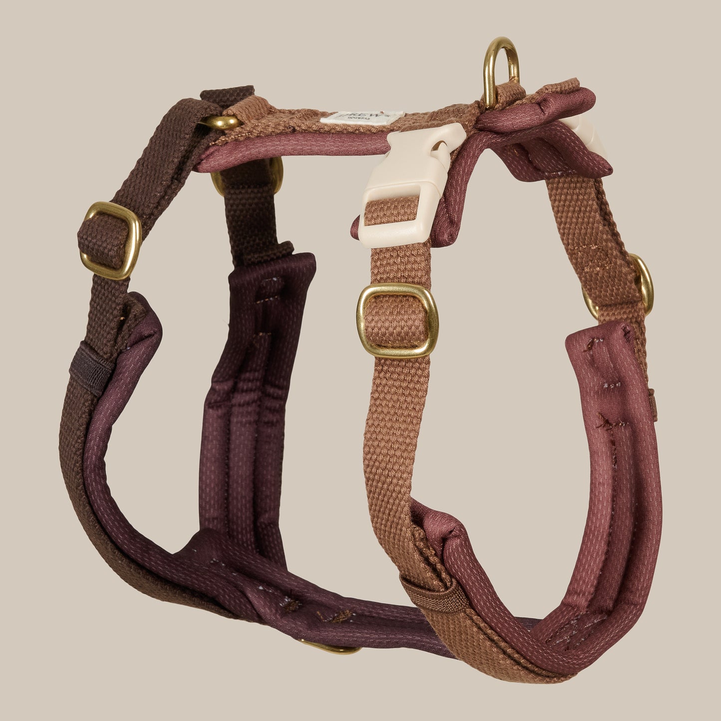 Adjustable Padded Dog Harness PRO Chocolate – Dual Clip, Brass Details