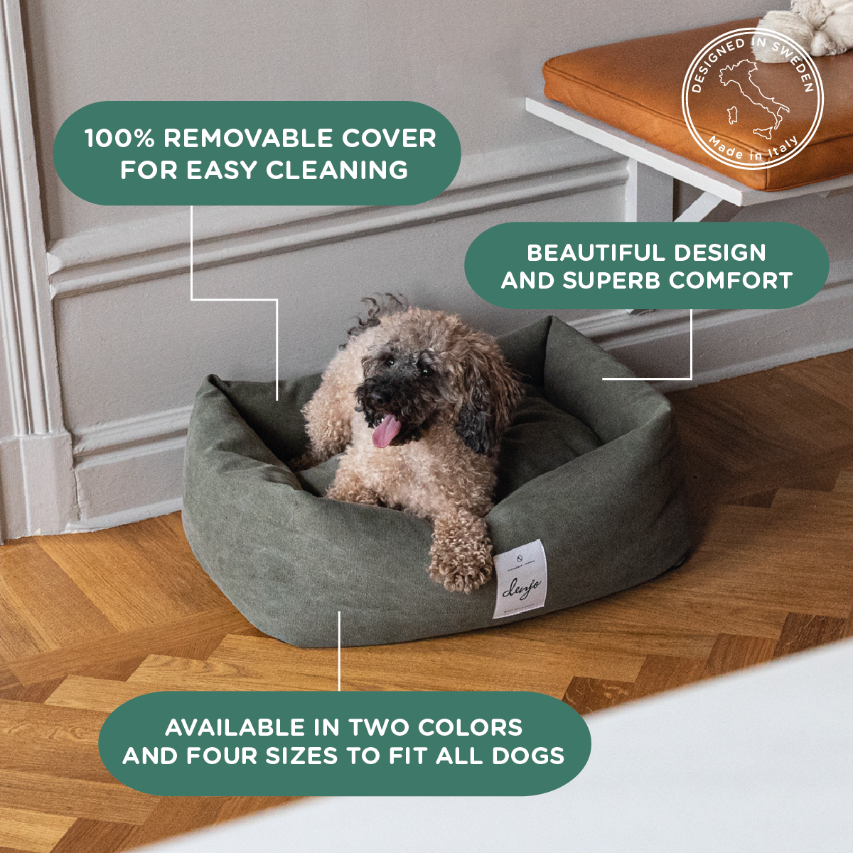 Dog lying in a gray pet bed with text highlighting features on a wooden floor.