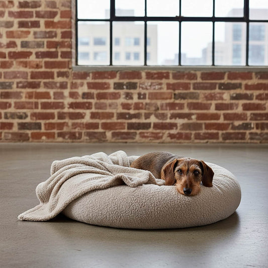 Dog lying on a fluffy beige pet bed with a blanket in front of a brick wall.