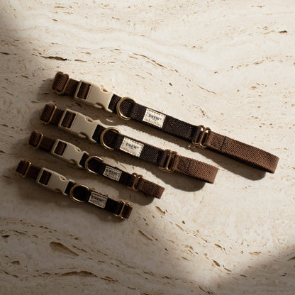 Set of dog collars with visible brand label on a textured surface