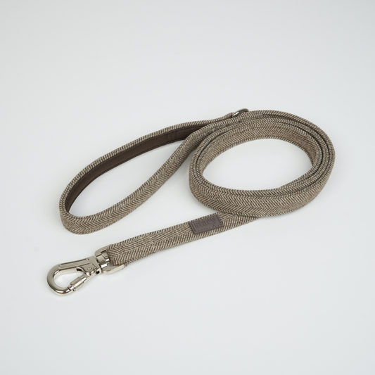 Beige dog leash with a metal clip on a light gray background