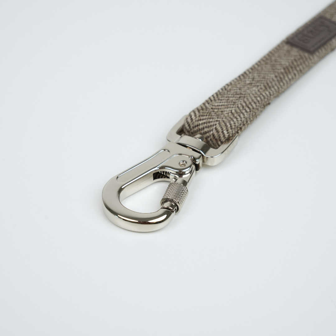 Fabric belt with a metal clasp on a light gray background