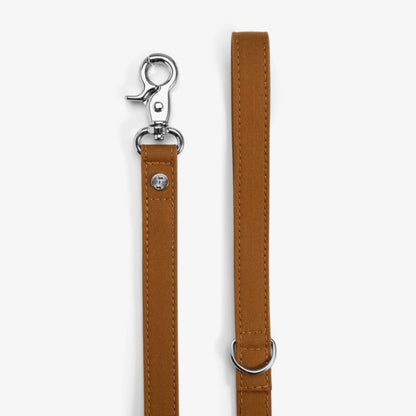 Brown leather dog leash with metal clip on a white background