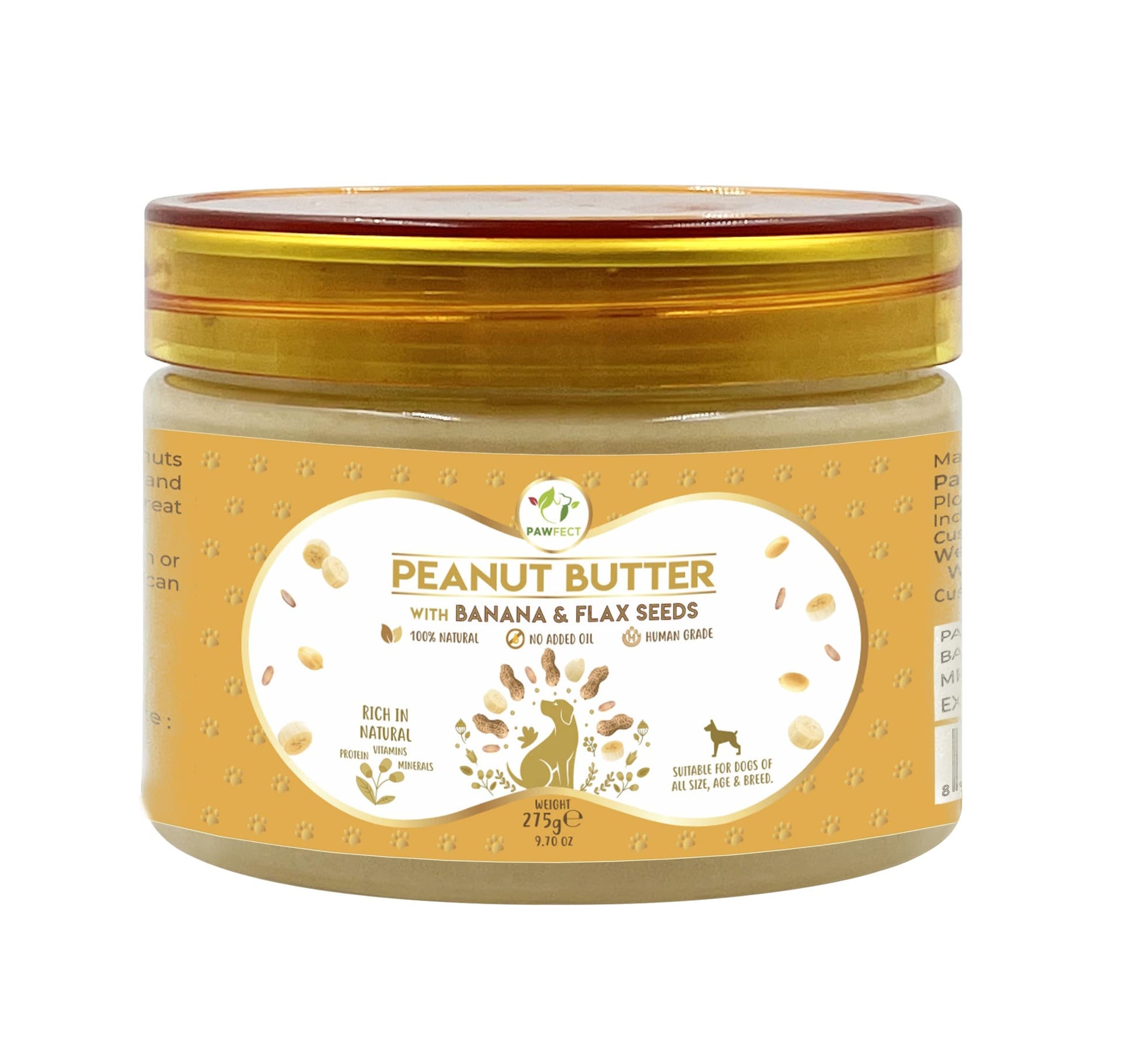 Jar of peanut butter with banana and flax seeds on a white background