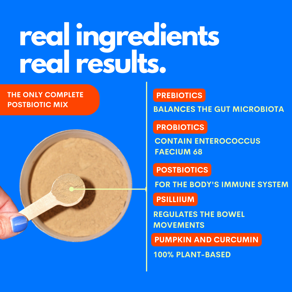 Product packaging with a spoonful of powder and text about real ingredients and results on a blue background