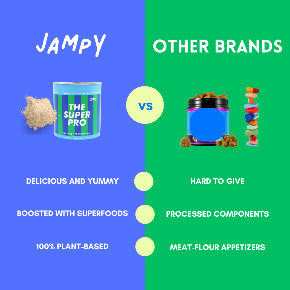 A promotional comparison graphic for 'Jampy' pet treats versus other brands. The left half is blue with the brand name 'Jampy' and shows a canister of 'The Super Pro' plant-based pet treats with a treat pile next to it, labeled 'Delicious and Yummy', 'Boosted with Superfoods', and '100% Plant-Based'.