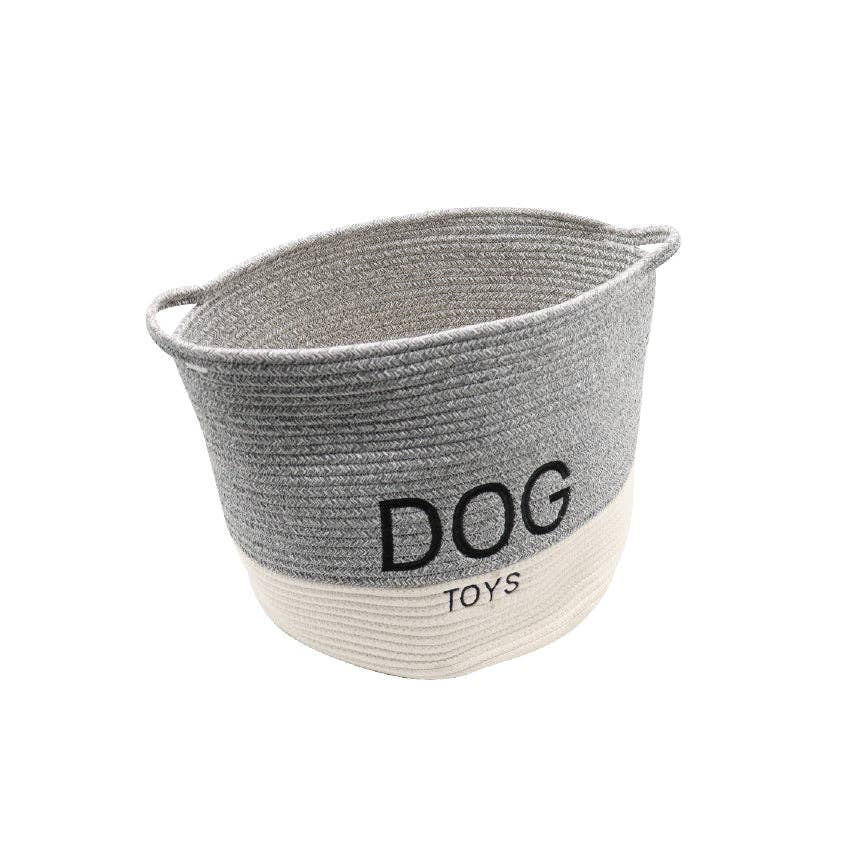 Gray and white woven basket with 'DOG TOYS' text on a white background