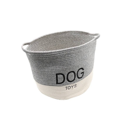 Gray and white woven basket with 'DOG TOYS' text on a white background