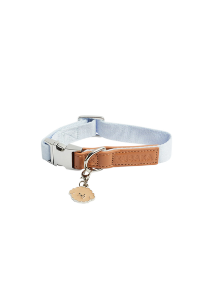 A light blue nylon pet collar strap with a brown leather accent panel, silver metal hardware, and a small hanging bone-shaped tag.