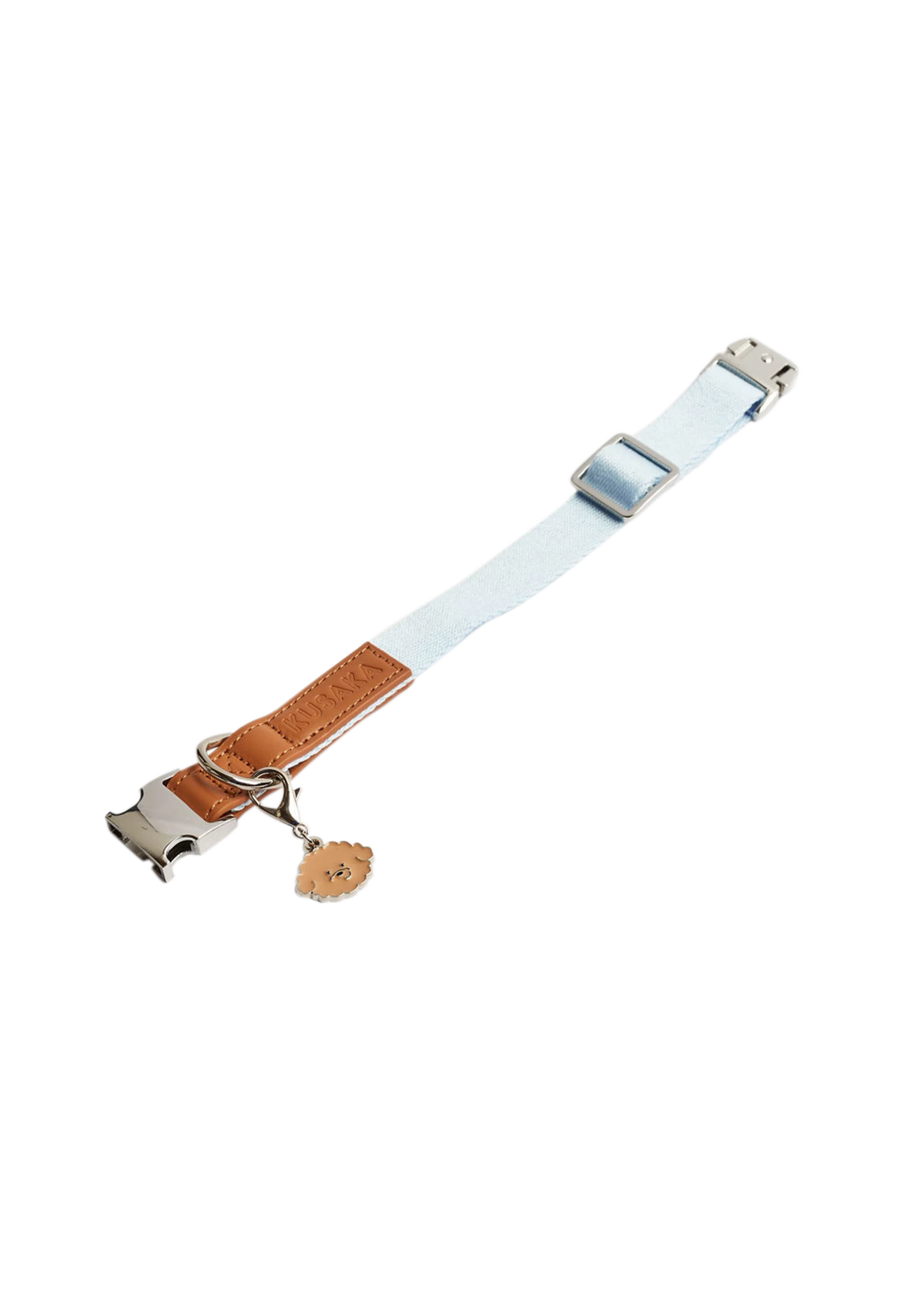 A light blue nylon pet collar strap with a brown leather accent panel, silver metal hardware, and a small hanging bone-shaped tag, shown on a plain white background.