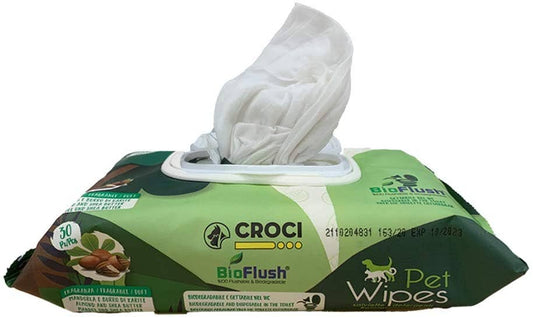 Green package of Croci BioFlush Pet Wipes on a white background