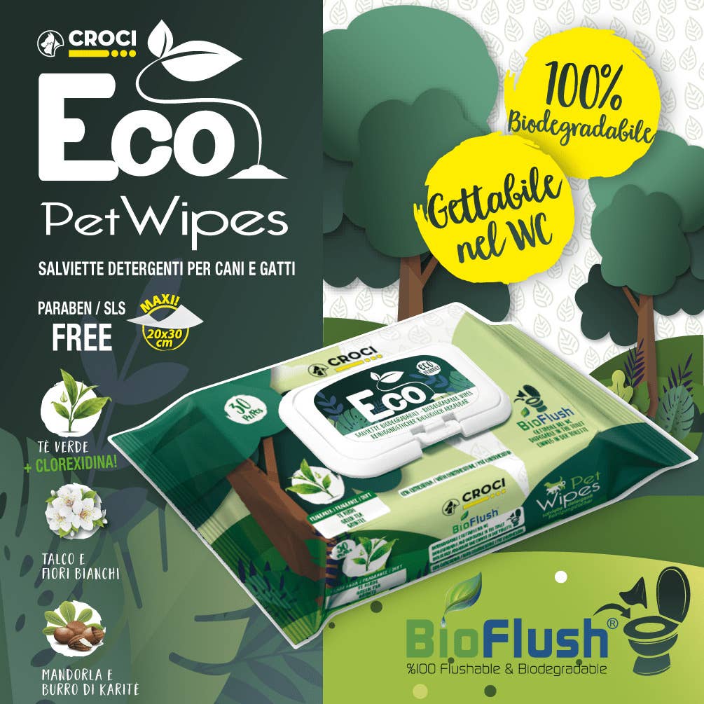 Croci Eco Pet Wipes packaging with greenery and sustainability text on a dark green background