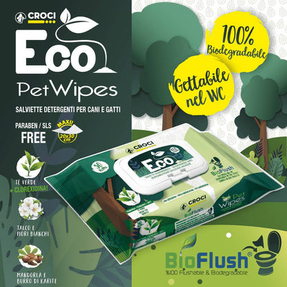 Croci Eco Pet Wipes packaging with greenery and sustainability text on a dark green background