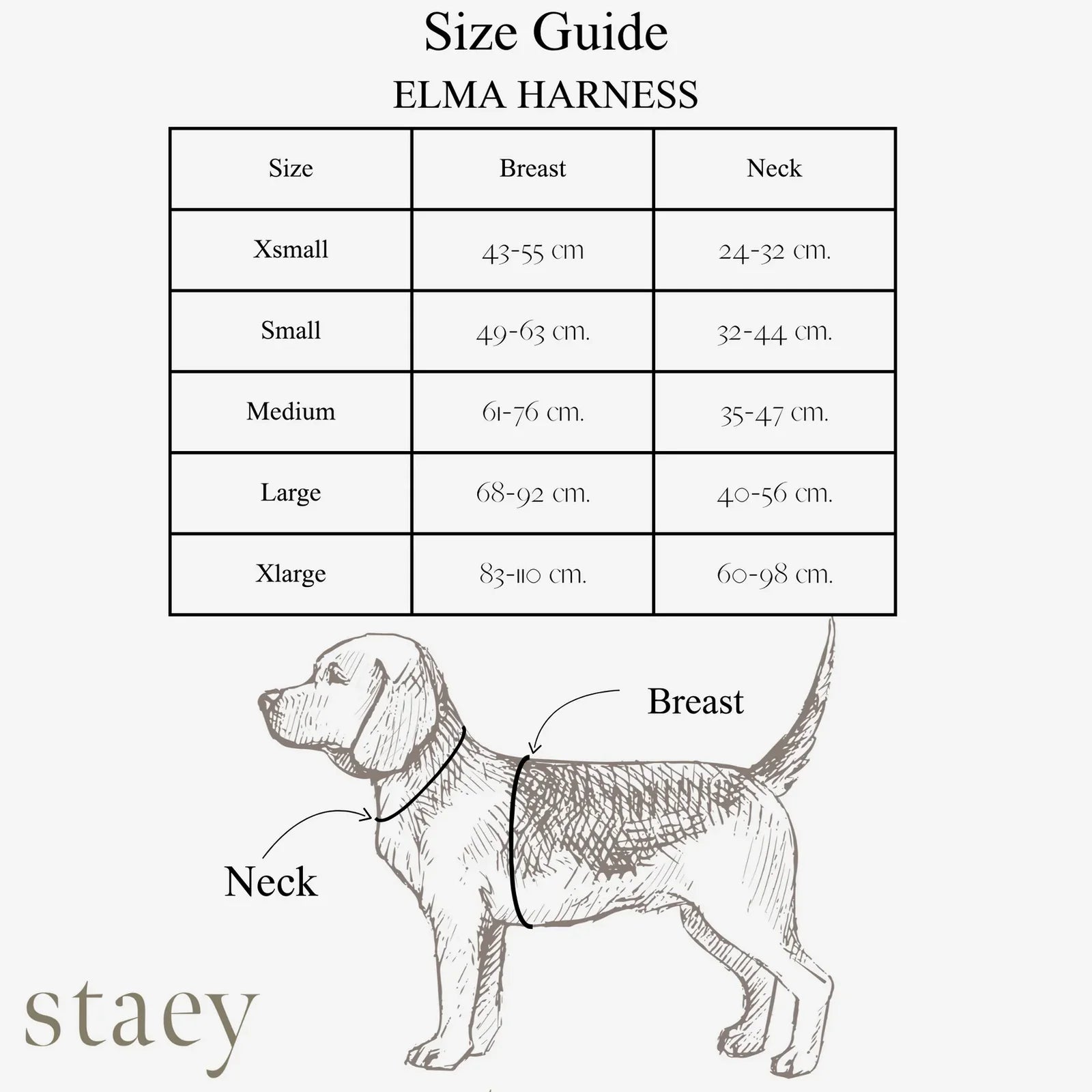 Size guide for ELMA HARNESS with a diagram of a dog and measurement details.