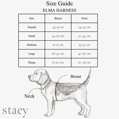 Size guide for ELMA HARNESS with a diagram of a dog and measurement details.