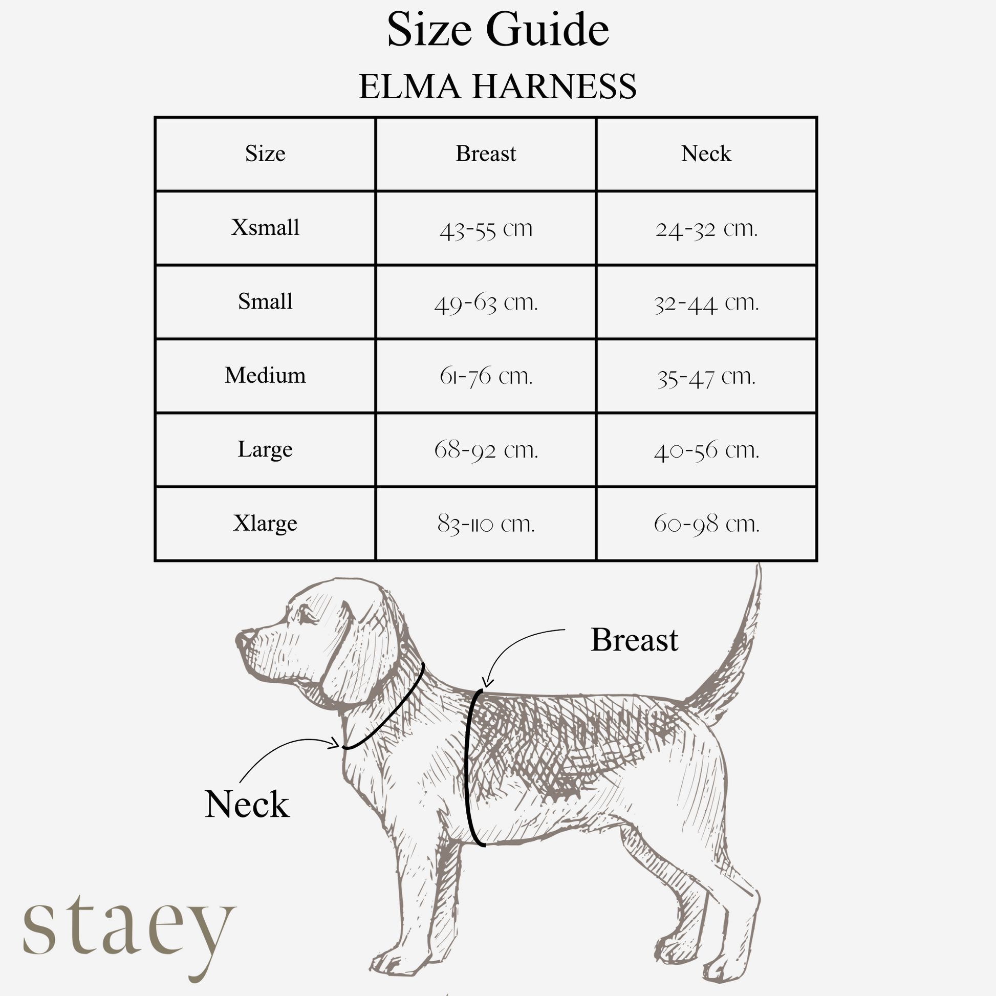 Size guide for ELMA HARNESS with a diagram of a dog and measurement labels.