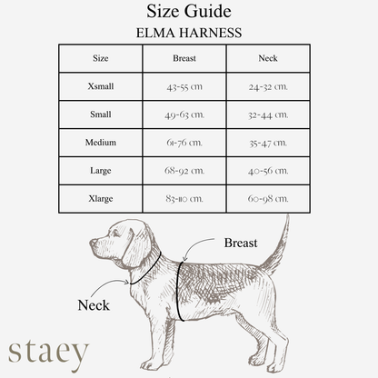 Size guide for ELMA HARNESS with a diagram of a dog and measurement labels.