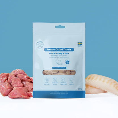 Package of freeze-dried dog treats with raw meat and a bone on a blue background
