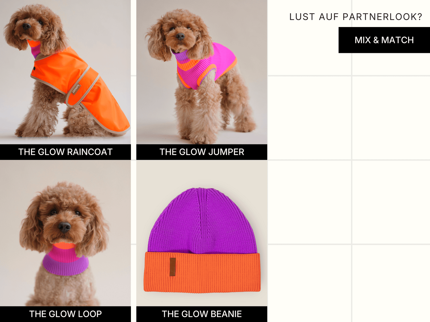 Dog wearing various colorful outfits with text indicating product names and a mix-and-match feature.