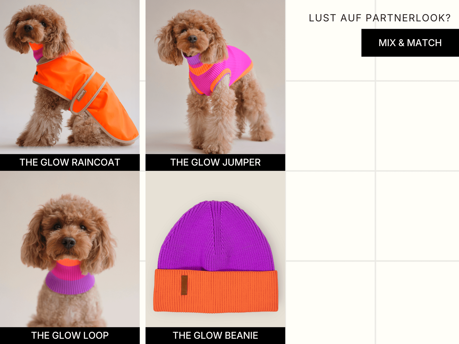 Dog wearing various colorful outfits with text indicating product names and a mix-and-match feature.