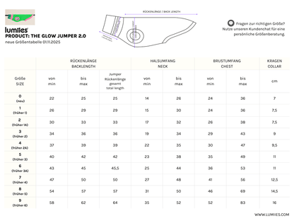 Size chart for lumities Glow Jumper 2.0 product with measurement ranges.
