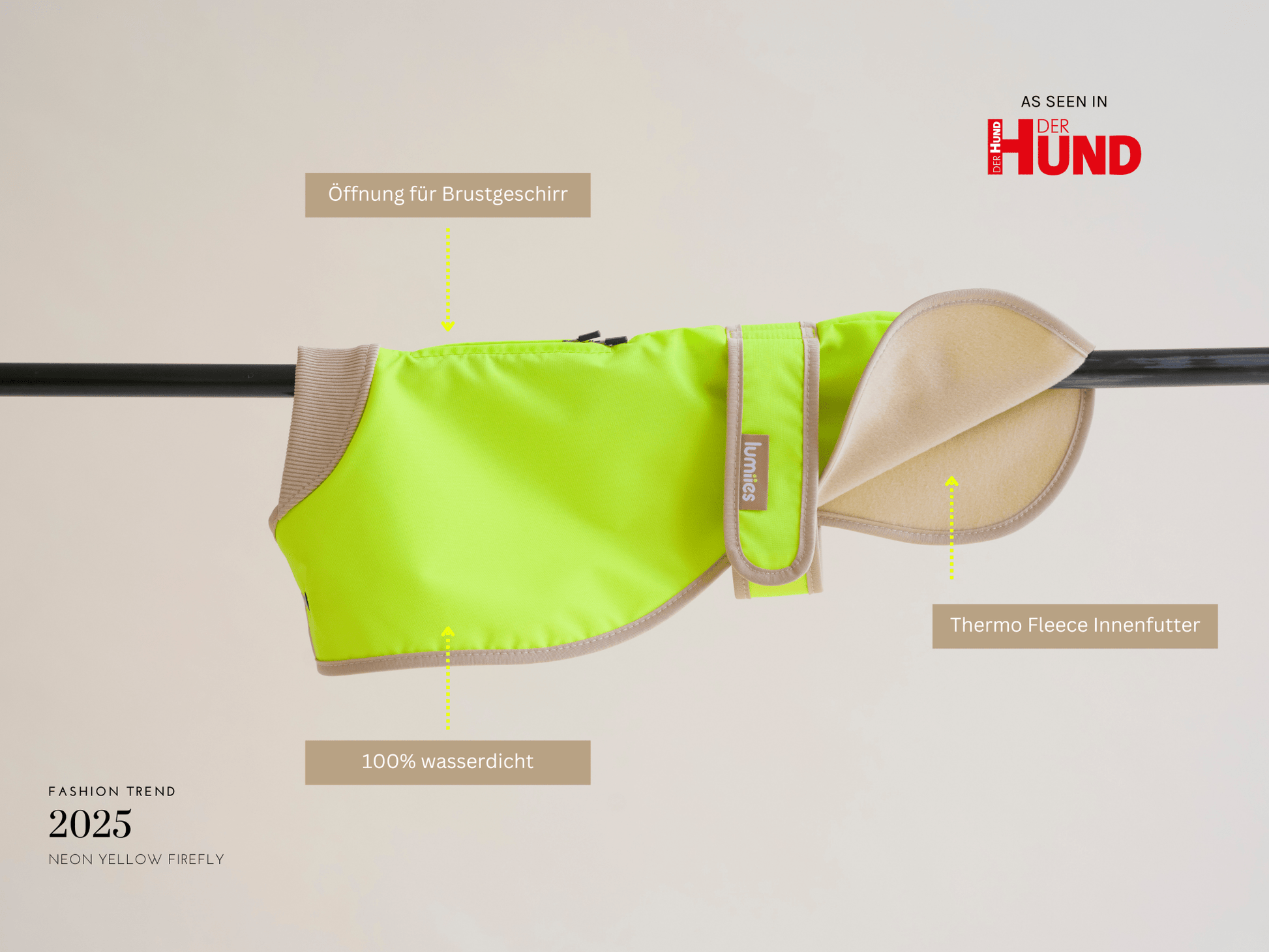 Neon yellow dog coat with text labels on a beige background