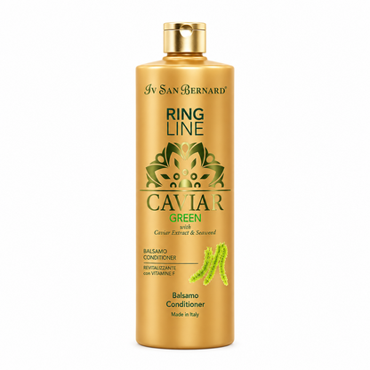 A bottle of Iv San Bernard Ring Line Caviar Green Balsamo Conditioner for dogs, featuring a metallic gold bottle with a gold cap and green caviar bean illustrations on the label, set against a plain white background.