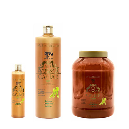 Set of dog fur care products with 'Ring Line Caviar' branding on a white background
