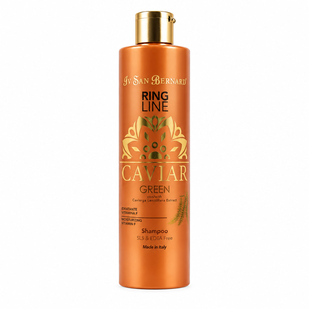 A tall, cylindrical bottle of Iv San Bernard Ring Line Caviar Green Shampoo for dogs, featuring a metallic copper-orange body and a gold cap, set against a plain white background.