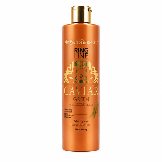 A tall, cylindrical bottle of Iv San Bernard Ring Line Caviar Green Shampoo for dogs, featuring a metallic copper-orange body and a gold cap, set against a plain white background.