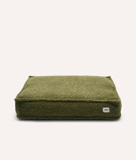 Green pet bed with a brand label on a white background