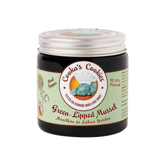 Jar of Cooda's Cookies Green-Lipped Mussel supplement on a white background