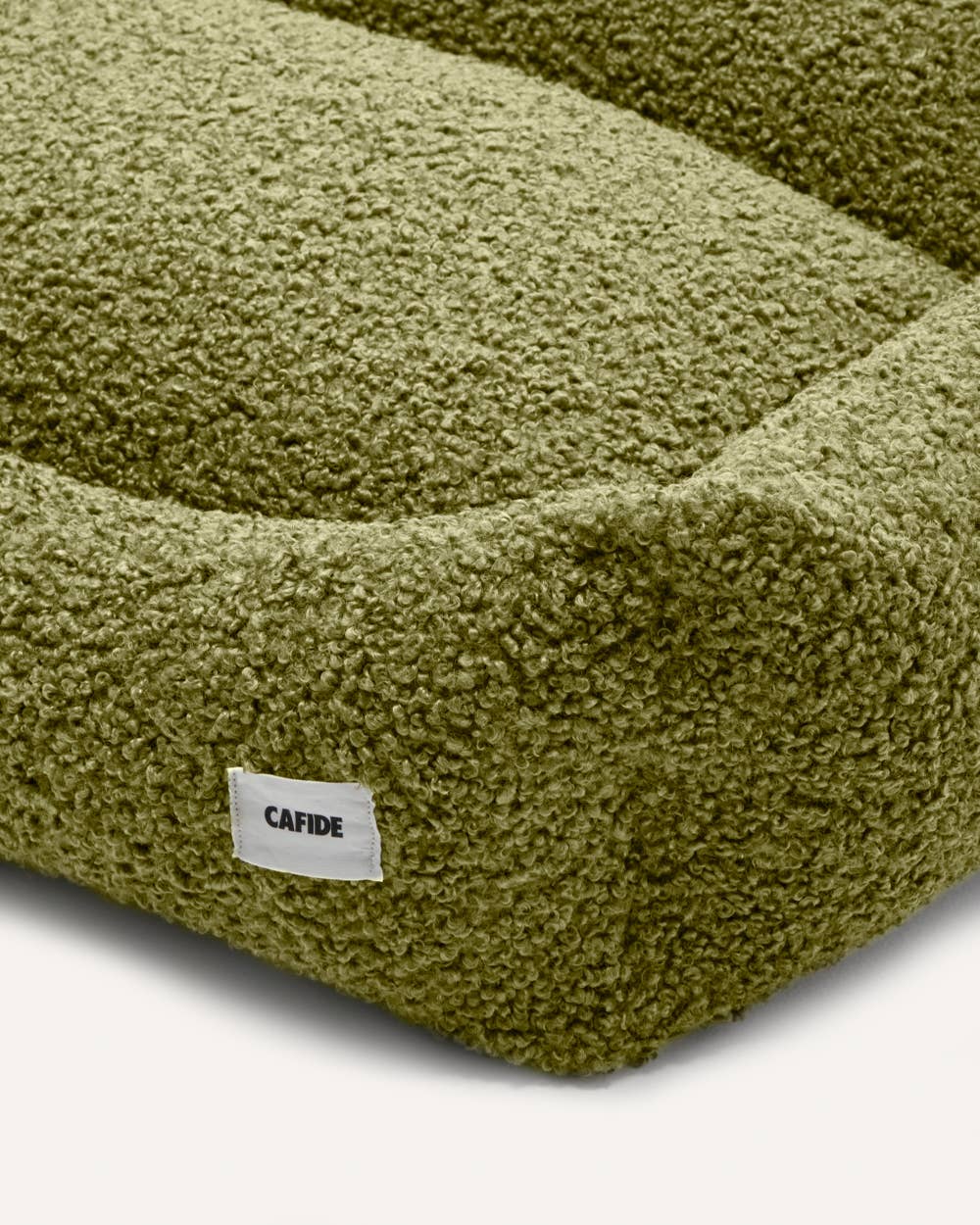 A green pet bed with 'CAIDE' label