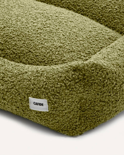A green pet bed with 'CAIDE' label