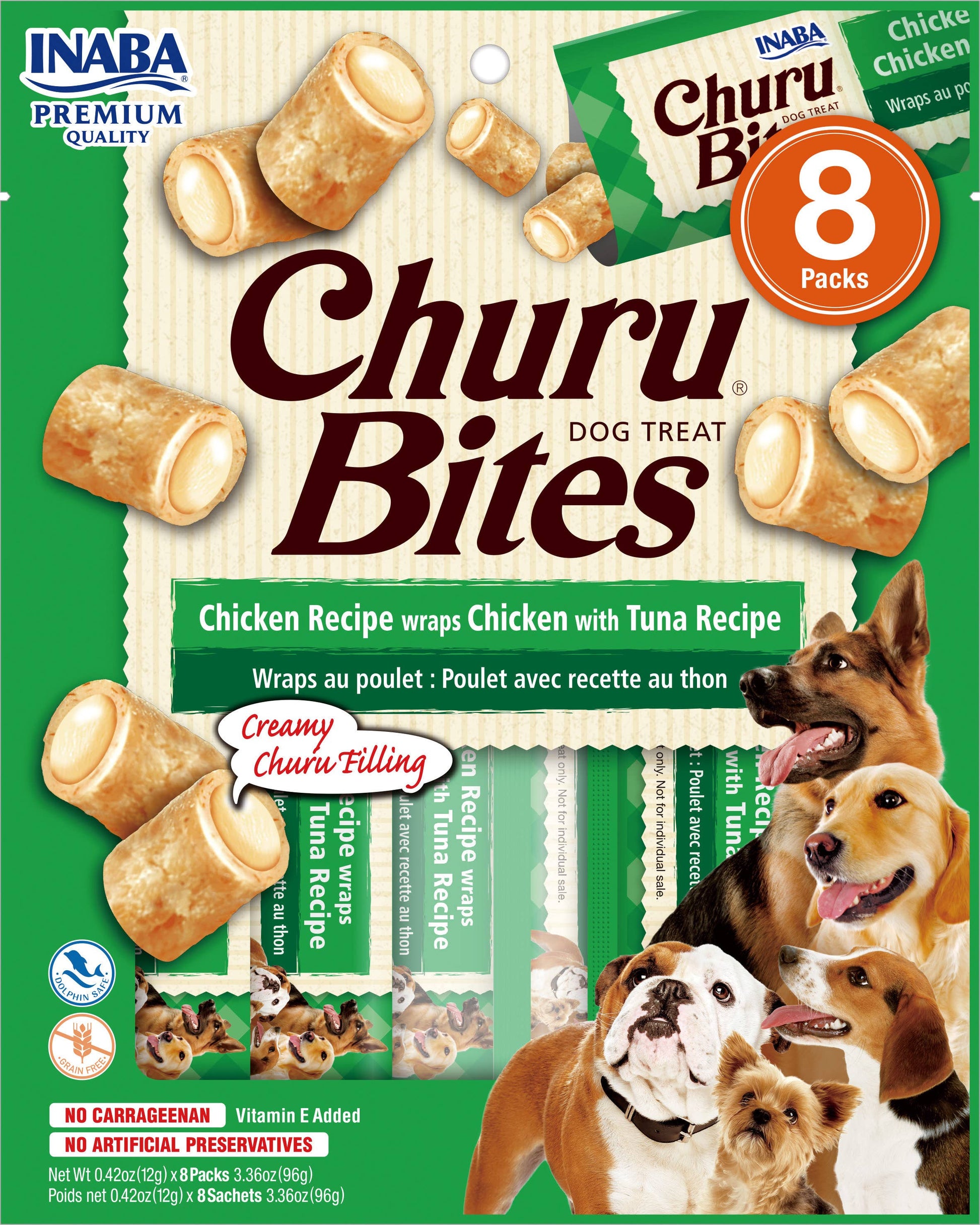 Package of INABA Churu Bites dog treats with images of dogs and text on a green background