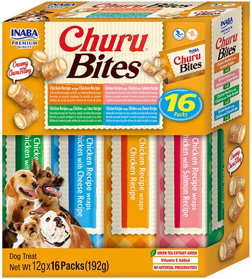 Box of Churu Bites dog treats with various flavors and a picture of dogs on the packaging.