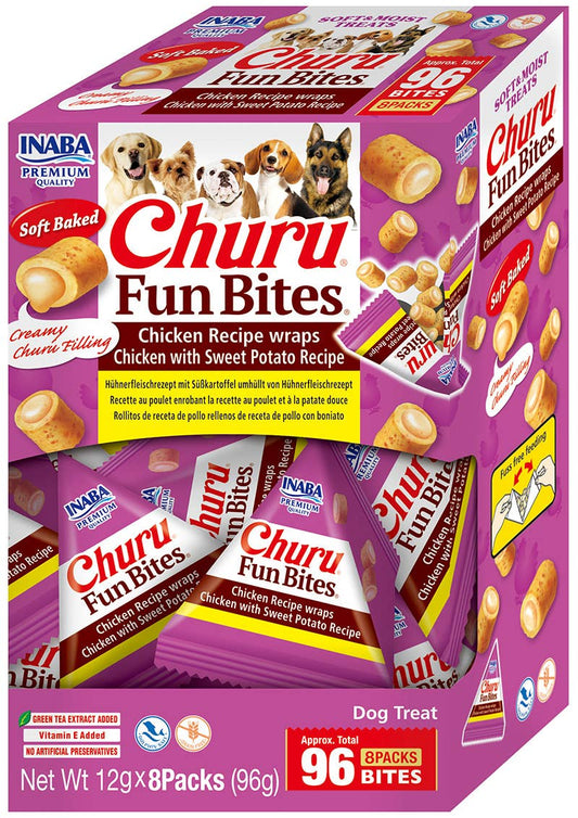 Box of Churu Fun Bites dog treats with images of dogs and treats on a pink background