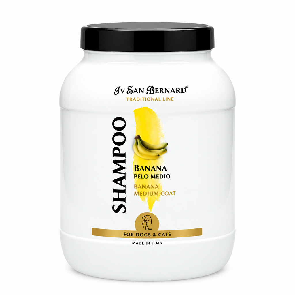 A white plastic tub of IV San Bernard Shampoo for medium coat dogs and cats, featuring a black lid and a yellow banana graphic on the label.