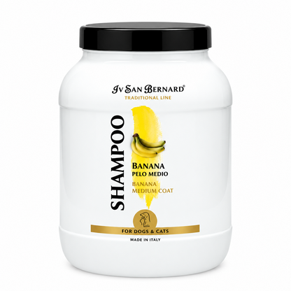 A white plastic tub of IV San Bernard Shampoo for medium coat dogs and cats, featuring a black lid and a yellow banana graphic on the label.