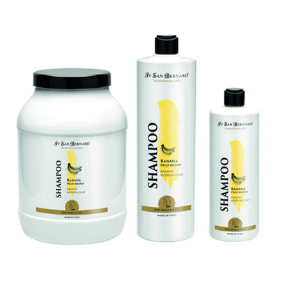 Three bottles of Fjá San Bernardo shampoo with banana illustration on a white background