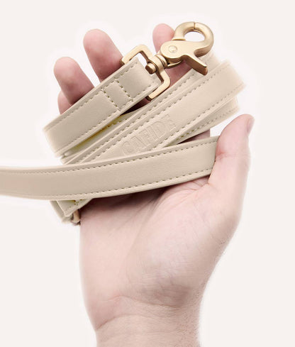Beige leather dog leash with gold clasp held in a hand against a white background