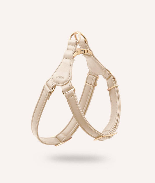 Beige dog harness on a white background