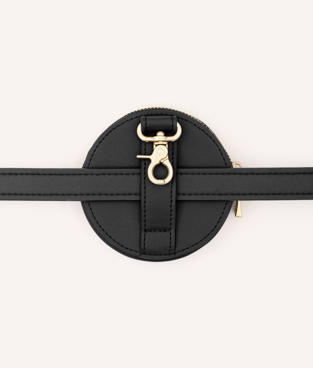Black round pouch with gold clasp on a white background