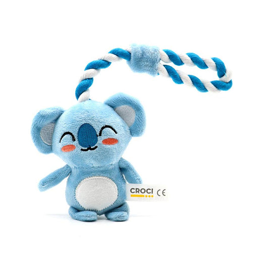 Blue koala plush toy with a rope on a white background