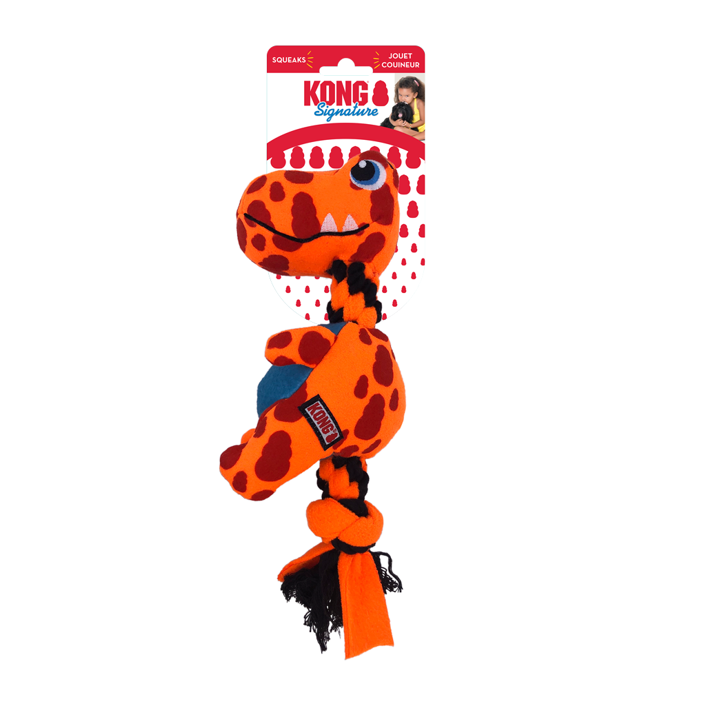 KONG Signature Dyno Orange – Durable Dino Tug & Squeaky Dog Toy