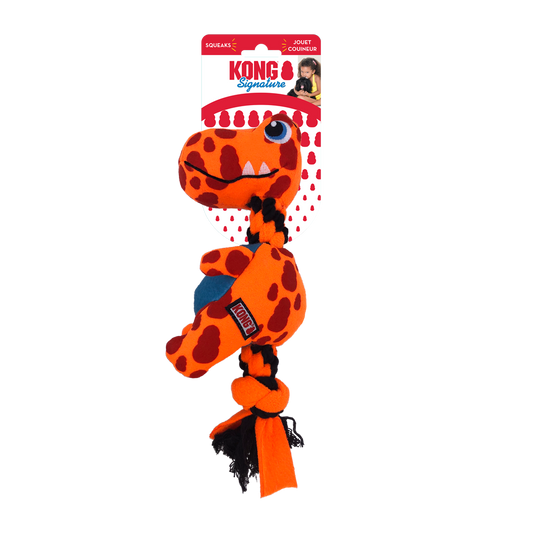 KONG Signature Dyno Orange – Durable Dino Tug & Squeaky Dog Toy